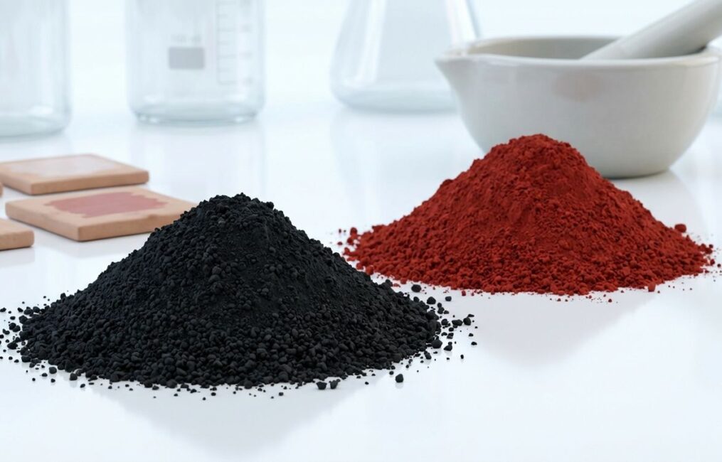 A macro shot of pure black iron oxide ceramic pigment powder in a lab setting, next to red iron oxide, showcasing its fine, matte texture for use in glazes and clay.