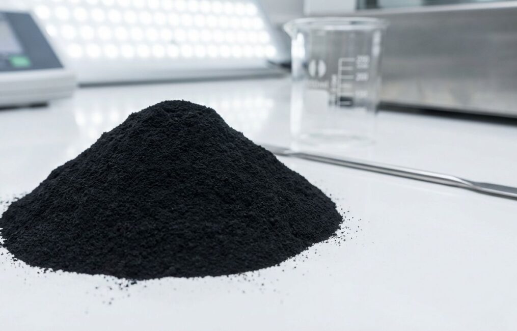 A mound of fine black iron oxide for paint, a high-purity pigment powder, shown in a clean laboratory setting to highlight its industrial quality.