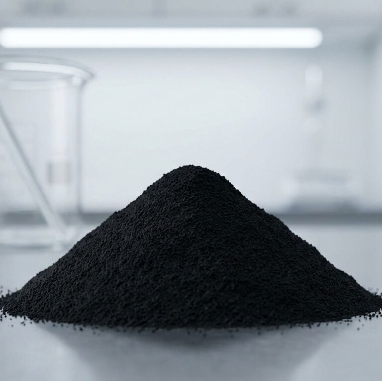 A macro shot of a mound of fine black iron oxide for paint, a deep matte powder, displayed in a clean industrial lab setting with glassware in the background.