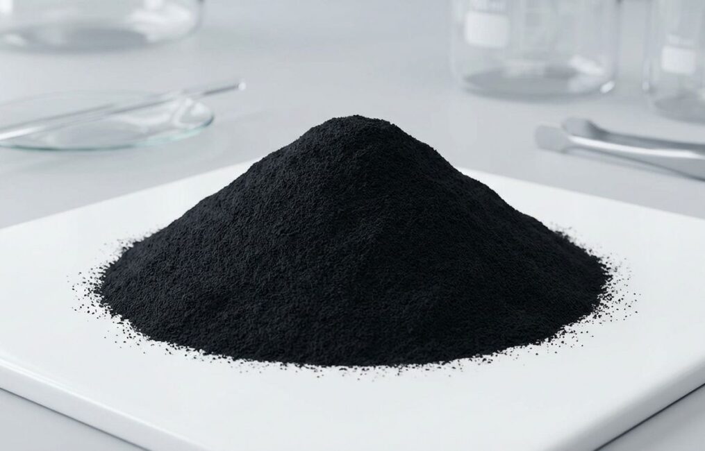 A mound of fine black iron oxide pigment powder in a laboratory, used for coloring plastics and rubber applications.