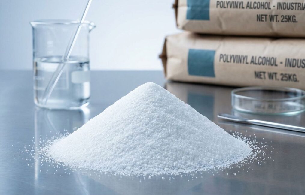 Pristine white industrial grade Polyvinyl Alcohol PVA powder mound for emulsion polymerization and coating formulations