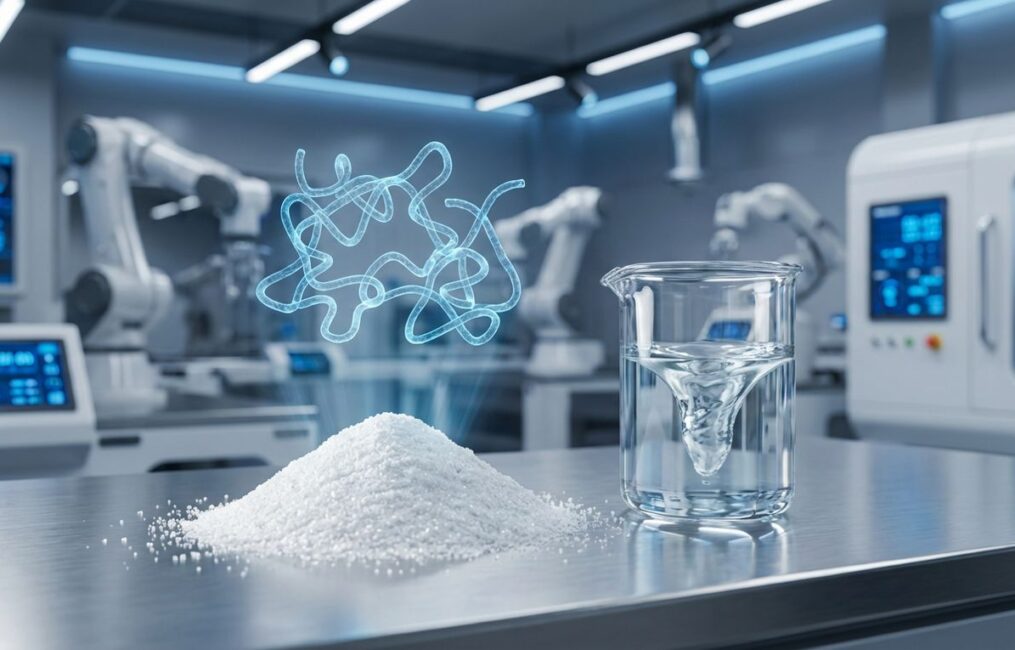 A macro photograph of pure white Polyanionic Cellulose (PAC) powder in a high-tech industrial laboratory, representing its role as a high-performance polymer for fluid loss control and rheology modification in industrial fluid systems.
