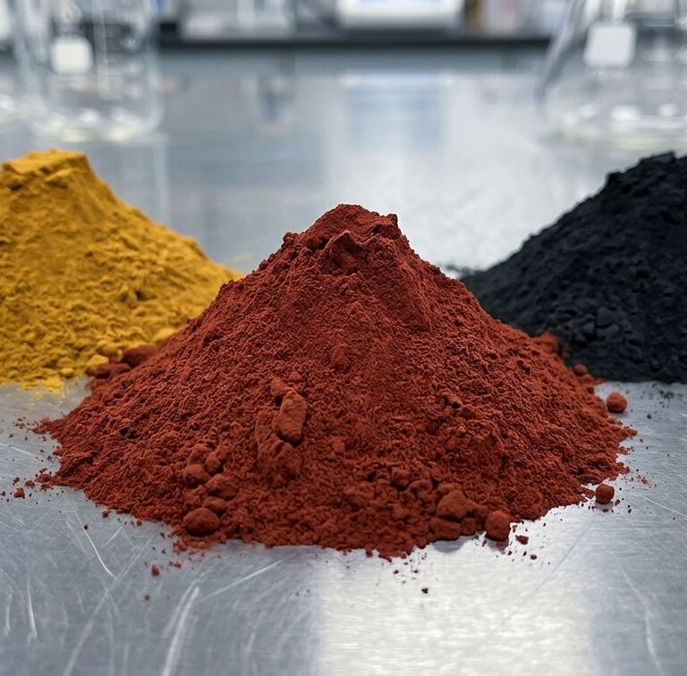 Vibrant mounds of iron oxide red, yellow, and black pigment powder in an industrial lab setting, used for permanent concrete coloring.