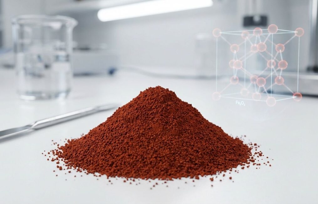 A detailed macro shot of a mound of fine Iron Oxide Red pigment powder in a lab, illustrating the topic of its safety data sheet and handling.