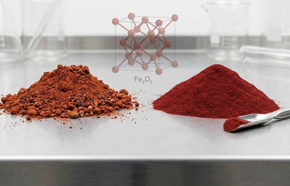 Close-up image comparing a mound of coarse natural red iron oxide pigment with a mound of pure, fine synthetic red iron oxide powder in a laboratory.