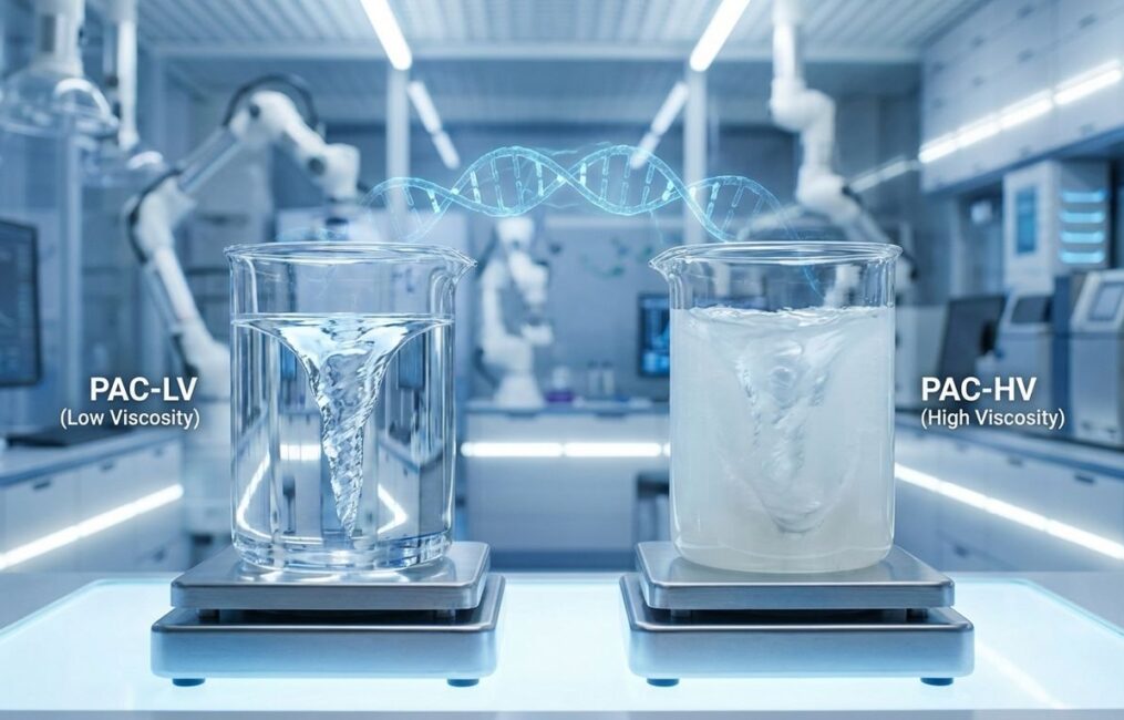 A technical comparison of Polyanionic Cellulose (PAC) in an industrial laboratory, showing two beakers illustrating the difference between low viscosity PAC-LV and high viscosity PAC-HV for drilling fluid systems.