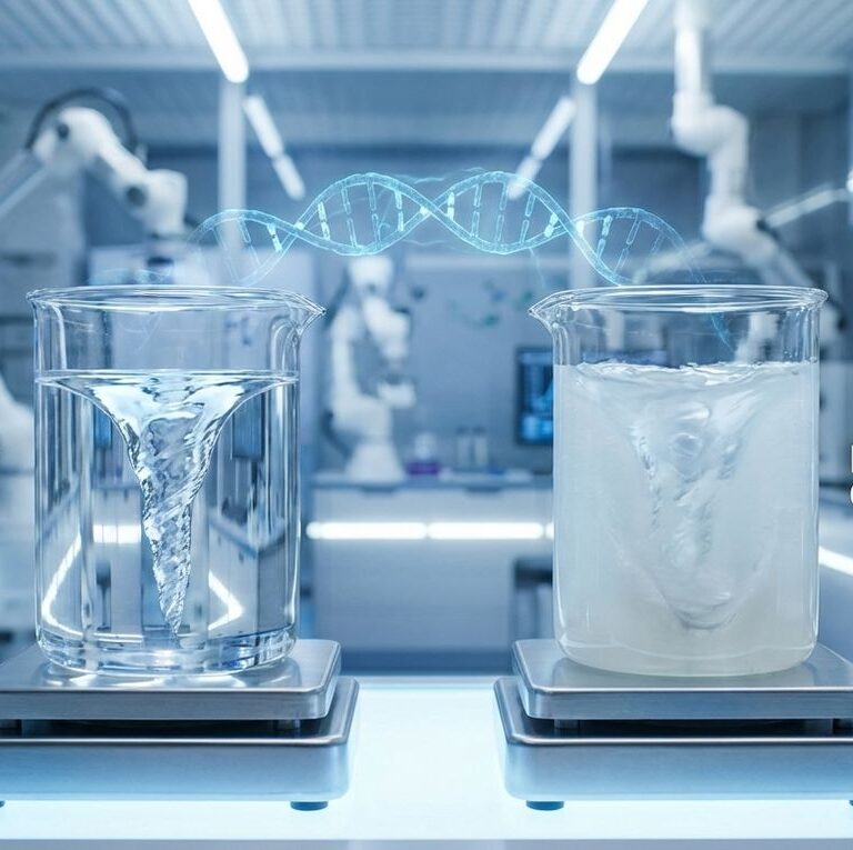 A technical comparison of Polyanionic Cellulose (PAC) in an industrial laboratory, showing two beakers illustrating the difference between low viscosity PAC-LV and high viscosity PAC-HV for drilling fluid systems.