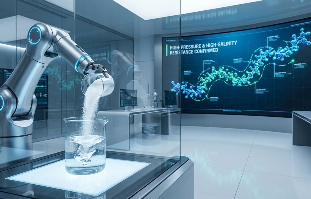 A high-tech industrial lab demonstrating the superior rheology of Polyanionic Cellulose (PAC), a high-purity polymer engineered for high-salt and HTHP environments, visually represented by a stable molecular model on a screen.