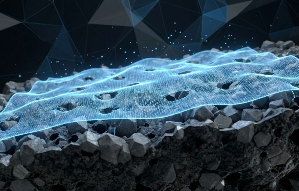 A 3D visualization showing the molecular mechanism of Polyanionic Cellulose (PAC) forming a thin, protective blue filter cake on a porous rock formation, demonstrating advanced fluid loss control in water-based drilling muds.