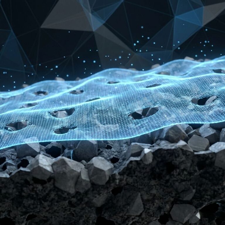 A 3D visualization showing the molecular mechanism of Polyanionic Cellulose (PAC) forming a thin, protective blue filter cake on a porous rock formation, demonstrating advanced fluid loss control in water-based drilling muds.