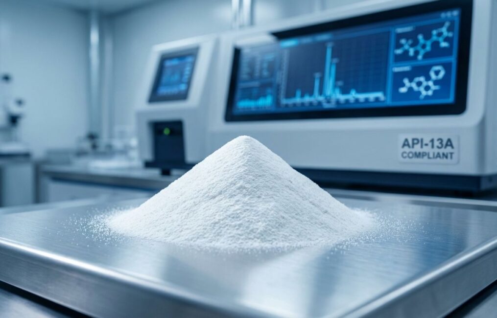 A macro shot of pure white Polyanionic Cellulose (PAC-LV) powder in a high-tech industrial laboratory, representing the strict API-13A quality control standards for drilling fluid additives.