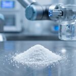 A macro photograph of high-purity polyanionic cellulose (PAC) raw polymer powder in a sterile industrial laboratory, representing the high-tech manufacturing and quality control for superior drilling fluid additives like PAC-LV and PAC-HV.