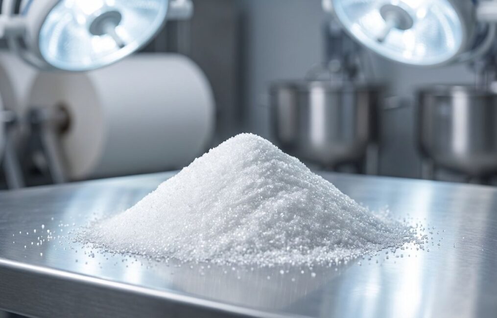 Heap of industrial grade white Polyvinyl Alcohol PVA powder for paper sizing and adhesive manufacturing