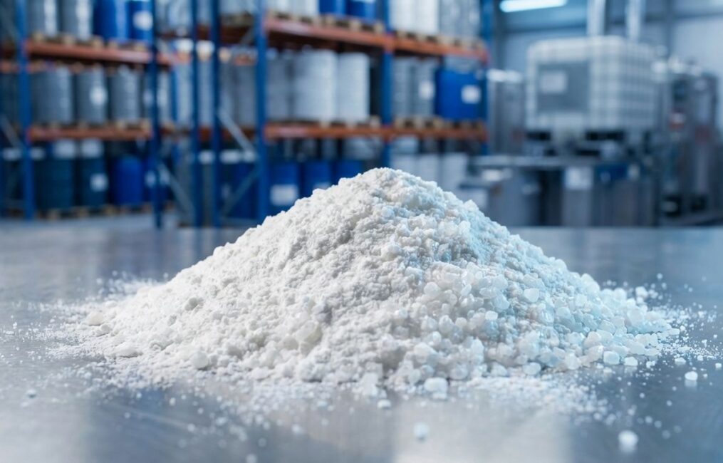 Mound of industrial grade white Polyvinyl Alcohol (PVA) powder and granules for adhesive and construction manufacturing