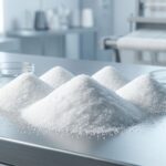 Mounds of industrial grade white Polyvinyl Alcohol PVA powder for textile warp sizing and weaving applications