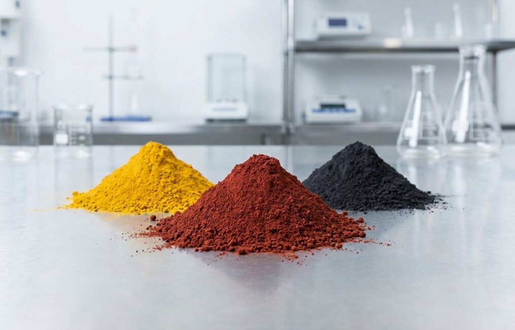 Three mounds of industrial-grade red, yellow, and black iron oxide powder in a lab, illustrating where to buy red iron oxide powder for manufacturing.