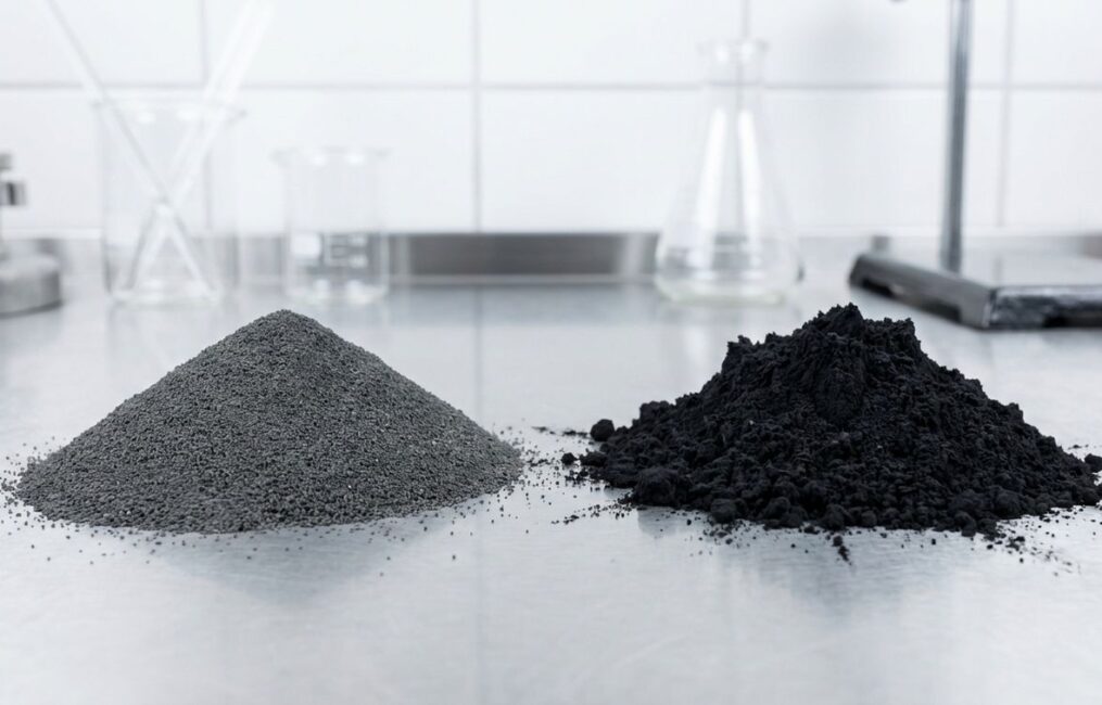 A detailed comparison of synthetic iron oxide black pigment and carbon black pigment, shown as two distinct mounds of powder in a laboratory setting.