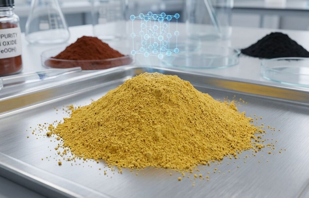 A vibrant mound of high-purity yellow iron oxide powder in a lab setting, illustrating that yellow iron oxide is safe for industrial use.