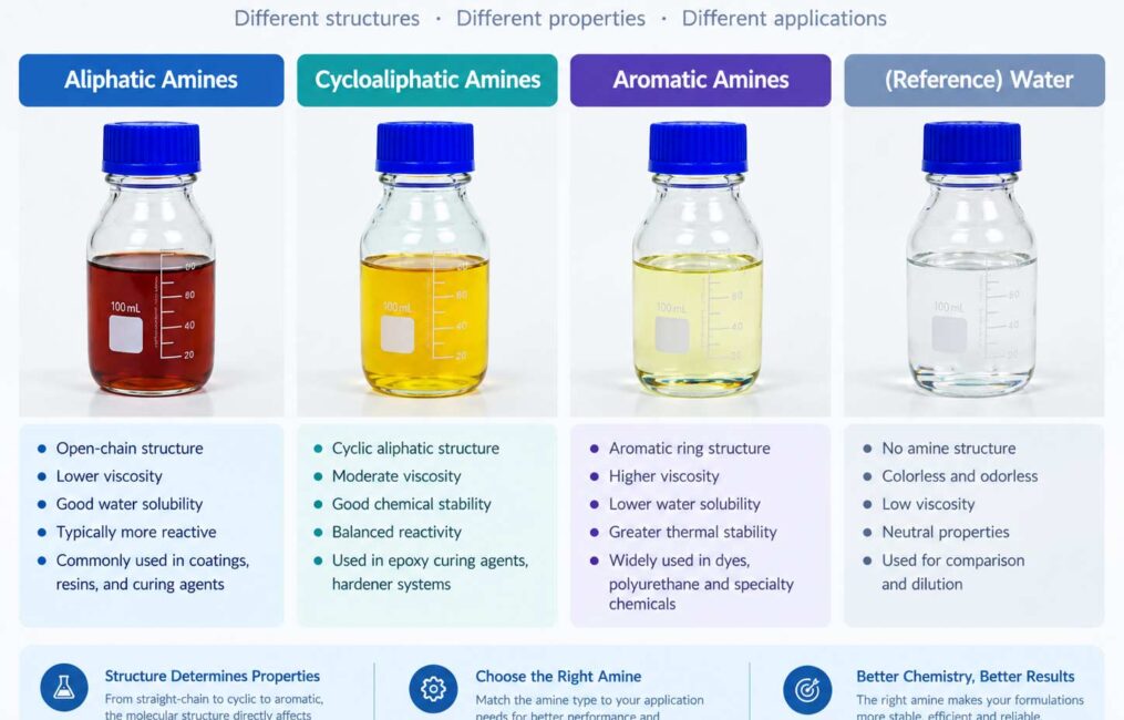 Four glass bottles comparing aliphatic, cycloaliphatic, and aromatic amine curing agents by color and properties, from dark brown to pale yellow.