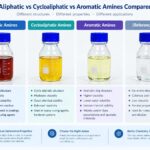 Four glass bottles comparing aliphatic, cycloaliphatic, and aromatic amine curing agents by color and properties, from dark brown to pale yellow.