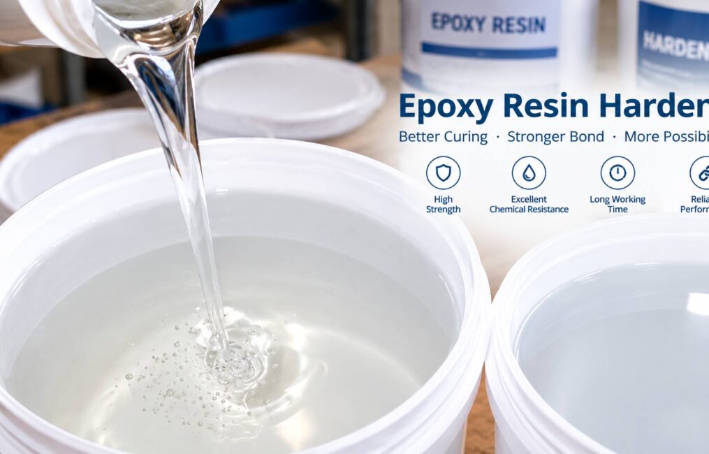 Epoxy resin hardener poured into a white pail — high strength, chemical resistance, long working time, reliable performance.