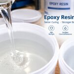 Epoxy resin hardener poured into a white pail — high strength, chemical resistance, long working time, reliable performance.
