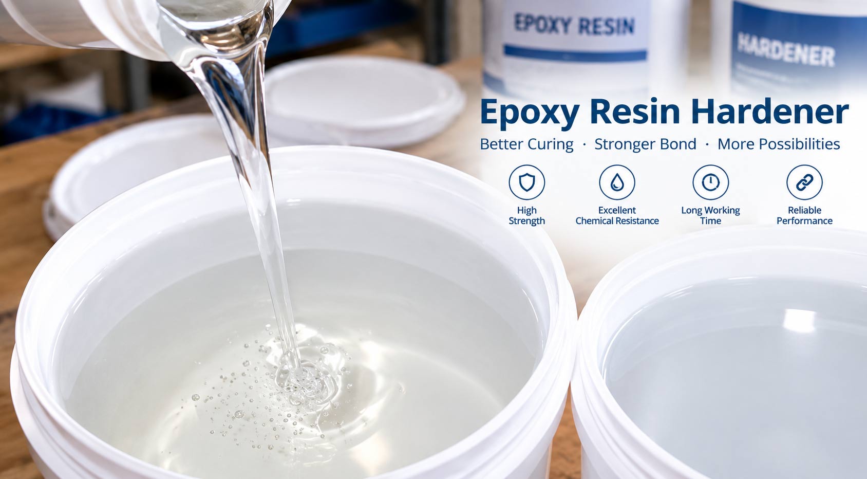 Epoxy resin hardener poured into a white pail — high strength, chemical resistance, long working time, reliable performance.