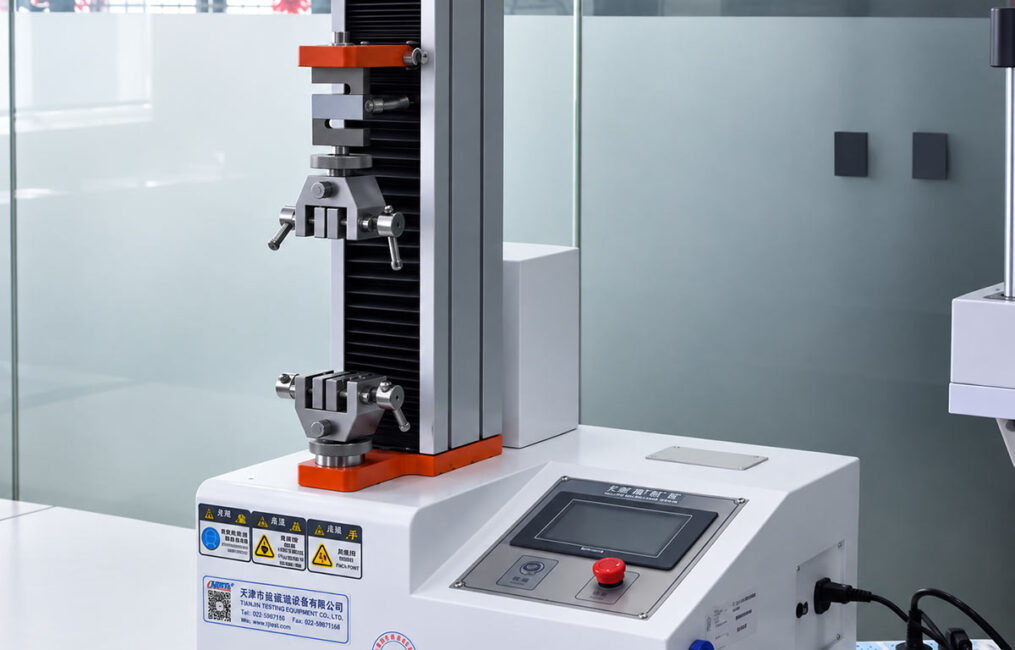 Universal testing machine with mechanical grips in a laboratory, used to measure tensile strength and elongation of cured epoxy samples.